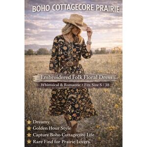 Whimsical Boho Folk Floral Dress  Embroidered Prairie Cottagecore Midi S 38